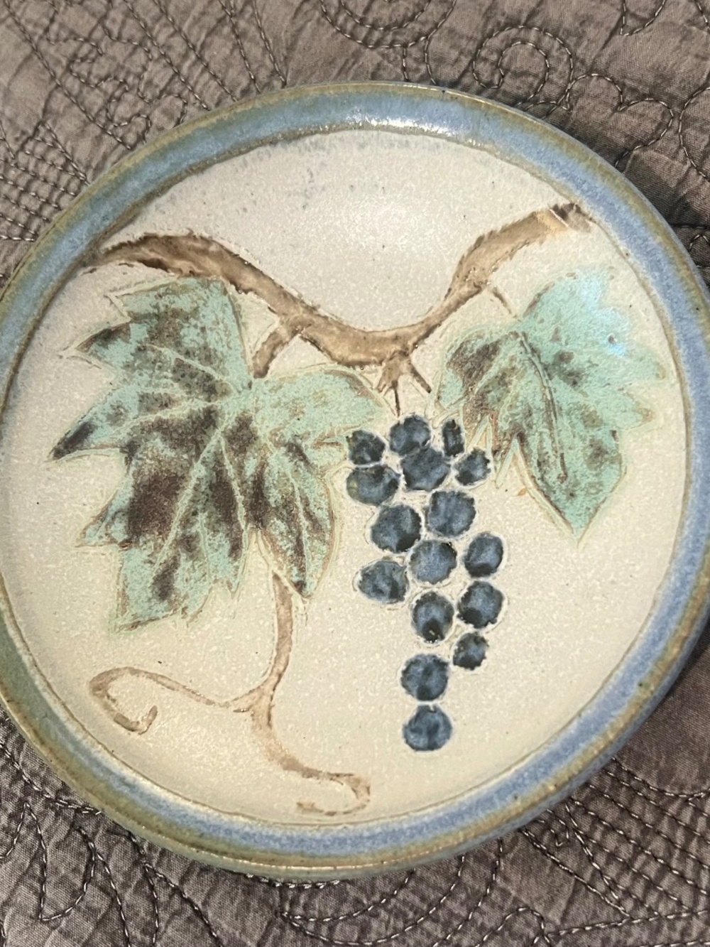 Handmade Ceramic Plate or Bowl with Grapes and Leaves-Signed Etched Stoneware